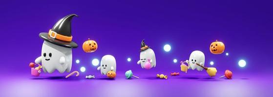 3D Rendering cute little ghost walking for trick or treat Halloween parade on background. 3d render cartoon style. photo