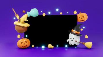 3D Rendering Halloween invitation card mock up copy space template cute ghost pumpkin and light with space for text on background. 3d render cartoon style. photo