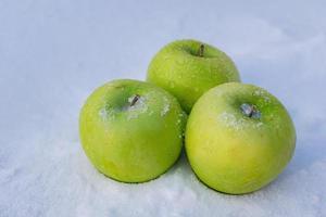 congelando manzanas verdes en nieve muy fría foto