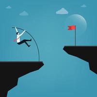 Pole jump across the cliff to reach the target, business challenge, overcome obstacle, dear to take risk for success concept vector