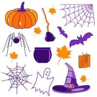 Halloween set with pumpkin, witch hat, ghost, candles, webs, spider, bats, maple leaves, pot, and broom vector