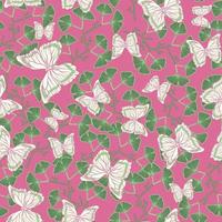 Seamless botanical pattern with butterflies and ginkgo biloba leaves on a pink background