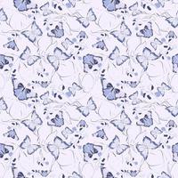 Seamless botanical pattern with purple butterflies, magnolia flowers, and eucalyptus branches on a violet background vector