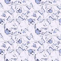 Seamless botanical pattern with purple butterflies, magnolia flowers, and eucalyptus branches on a violet background vector