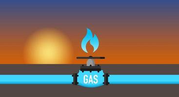 tubería de gas, en forma de tubería de gas con llama y gas de texto que fluye desde un campo de gas natural hasta los consumidores. copie el espacio vector