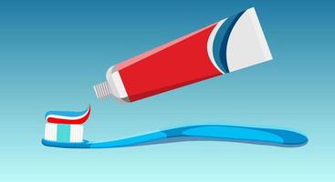 Blue toothbrush with colorful paste and toothpaste tube in red, blue and white colors on a light blue gradient background. Concept brush your teeth, mouth. Copy space. vector