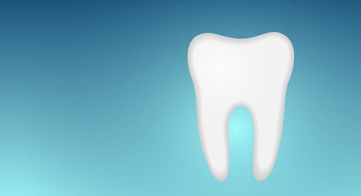 Healthy human molar. Flat design. Icon, white tooth, on a blue gradient background. The concept of hygiene, prosthetics and teeth whitening. Copy space