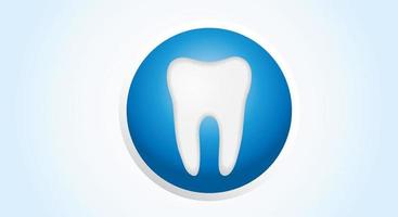 Healthy human molar. Flat design. Badge, White tooth, on a blue round background. Teeth hygiene, prosthetics and whitening concept. Copy space vector