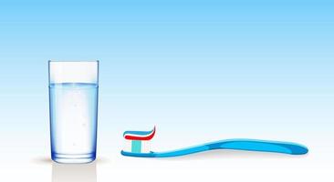 A blue toothbrush with a multi-colored paste located at the bottom and a transparent glass cup on a blue gradient background. Dental concept. Copy space. Vector illustration