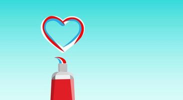 Colored tube of toothpaste with squeezed striped, multi-colored, toothpaste for dental care in the shape of a heart on a blue gradient background. Copy space. vector