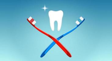 Brush your teeth, dental concept. Icon, pintogram of a human tooth and two red and blue toothbrushes in a criss-cross pattern on a blue gradient background. Copy space. vector