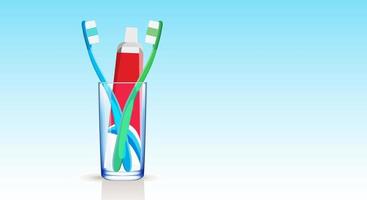 Set of blue and green toothbrushes and multi-colored toothpaste in a medical tube in a glass beaker on a blue gradient background. Copy space. Vector illustration