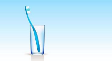 A blue toothbrush in a transparent glass, on a gradient blue background. Dental concept. Copy space. Vector illustration