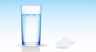 Transparent glass beaker with water and two white pills side by side, blue gradient background. Copy space. Vector illustration