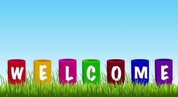 Welcome sign written on a blue gradient background and young shoots of green grass, a symbol of growth. Copy space. vector