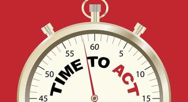 Time to act, concept clock with a secujlmer and a red arrow. Red background. Copy space. Vector illustration