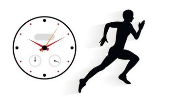 Get ahead of your time, sports, black silhouette of a running man with a shadow and a clock with a dial and red arrows on a white background. Copy space. Vector illustration