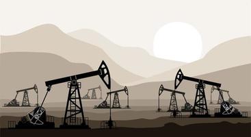 Oil pumps and drilling rigs at the field during sunset. Vector illustration