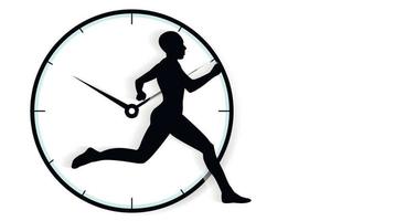 Get ahead of your time, sport concept, black silhouette of a running man on the background of a clock with a dial and arrows on a white background. Copy space. Vector illustration