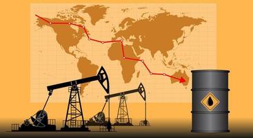 Oil price falls down, recession, banner with an arrow and oil rigs on the background of the world map. Vector illustration