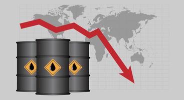 Oil price falls, recession, banner with arrow and oil barrels on the background of the world map. Vector illustration