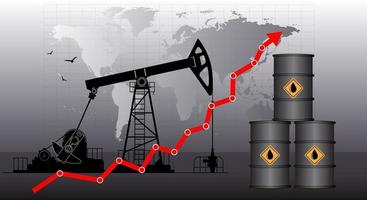 Graphic growth and oil rig. Oil quotes are growing. Oil production. Red arrow the rise in prices for petroleum products in the market. upward trend. Vector illustration