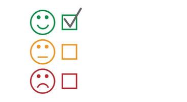 Set of round faces with checkboxes on white background. Three colored faces expressing good level of satisfaction. Vector feedback survey template with copy space. Choose option, yes, maybe, no.