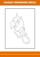 parrot drawing skill for kids. Line art design for kids printable coloring page. vector