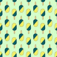 Cute seamless pattern with hand drawn doodle lemon ice cream with waffles on green background for fabric, posters, wallpaper. Vector