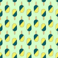 Cute seamless pattern with hand drawn doodle lemon ice cream with waffles on green background for fabric, posters, wallpaper. Vector