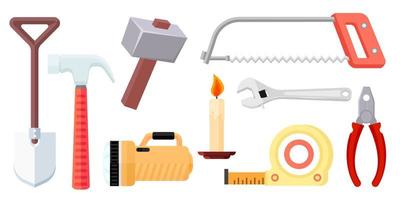 conjunto de colección de objetos de herramienta pala martillo sierra rodillo cinta linterna alicates llave vela vector