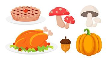 Collection set of food object for Autumn pumpkin roast turkey mushroom chestnut cherry pie vector