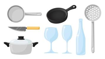 Collection set of kitchenware object fried pan knife glass bottle goblet pot filter spoon vector