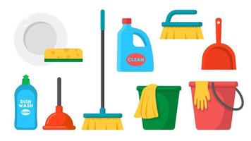 Collection set of cleaning tool broom mop bucket dustpan sponge brush detergent rag vector