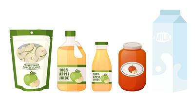 Collection set of processed food objects milk apple jam juice dried fruit vector