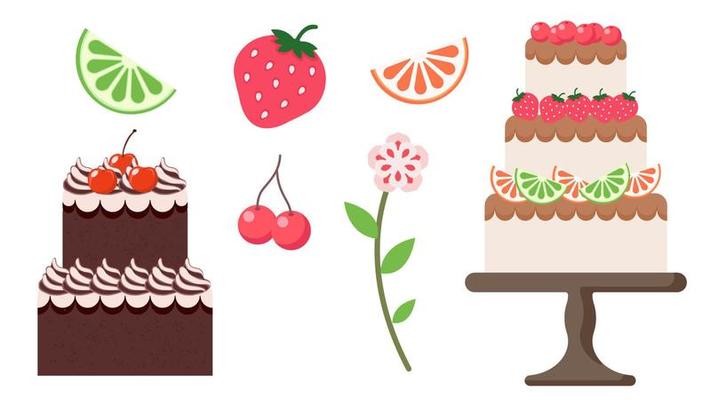 Collection set of food cake with fruit strawberry lemon cherry decoration