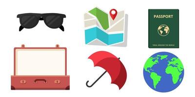 conjunto de colección de objetos de viaje equipaje pasaporte gafas de sol mapa paraguas vector