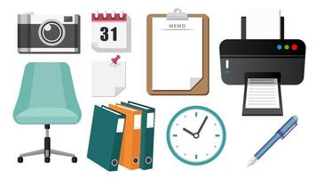 Collection set of office obejct printer clock pen clipboard memo note file folder chair calendar vector