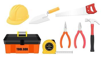 conjunto de colección de caja de herramientas objeto sierra martillo cinta regla alicates de punta de aguja pala sombrero duro vector