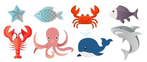 Collection set of cute cartoon marine life fish shark lobster crab sea star whale octopus vector