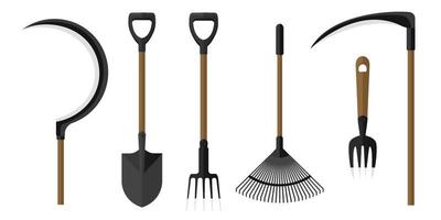 Collection set of garden tool shovel sickle reaping hook rake vector