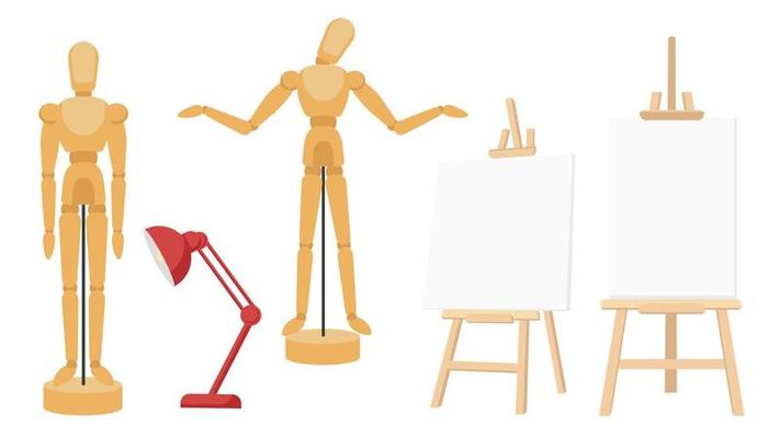 Collection set of paint drawing tool easel woden model lamp
