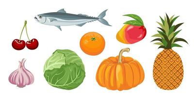 Collection set of food obejcts fish garlic pumpkin mango pineapple cherry orange cabbage vector