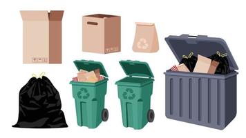 Collection set of recycled garbage dustbin paper box black plastic bag vector