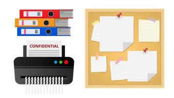 Collection set of stationery obejct file folders shredder bulletin board memo note vector