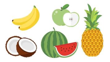 conjunto de colección de objeto de fruta plátano manzana piña sandía coco vector