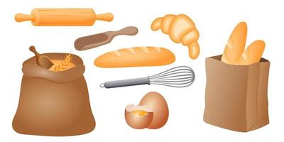 conjunto de colección de objeto de pan de trigo croissant loaf stick rodillo de madera batidor de huevos vector