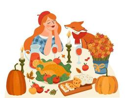 Happy Thanksgiving isolated illustration. Cute lady with fox at festive table. Vector design for card, poster, flyer, web and other use
