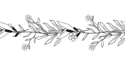 Vintage rustic seamless pattern border with floral motif. Flowers black and white line illustration. Lavander flowers and leaf vector