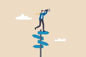 Search for right direction, business opportunity or success way, make decision or career path, vision to see future concept, smart businessman look through spyglass or binoculars to discover solution. vector